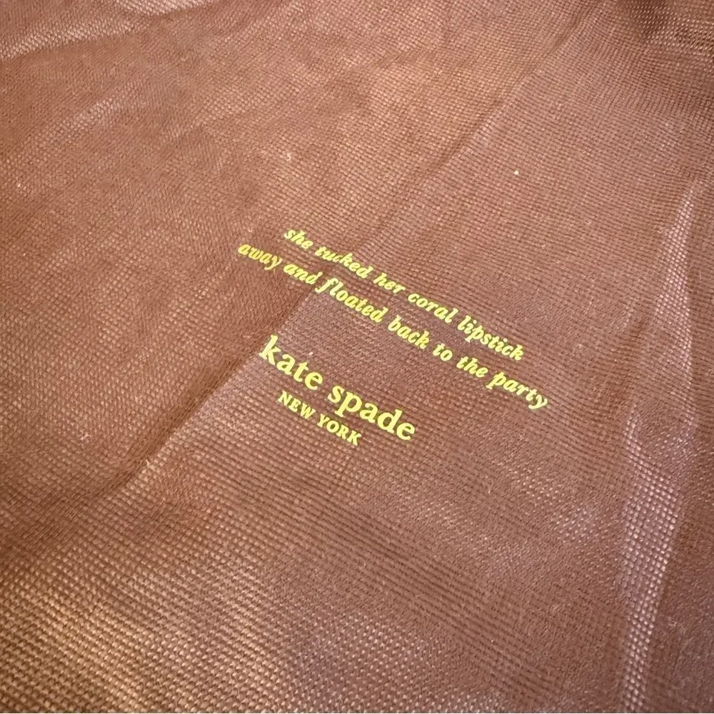 3/$50 Kate Spade Chocolate Brown She Tucked Her Coral Lipstick Dust Bag Gold Txt